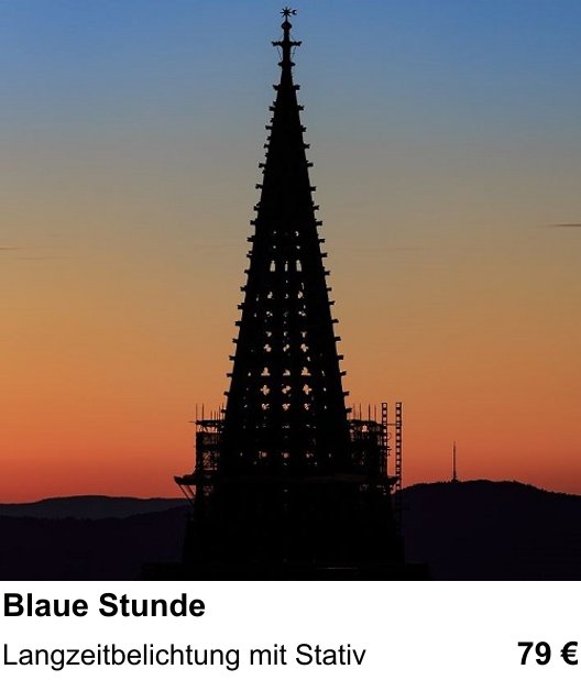 Fotografie praktisch lernen in Freiburg: Stadtlichter zur blauen Stunde